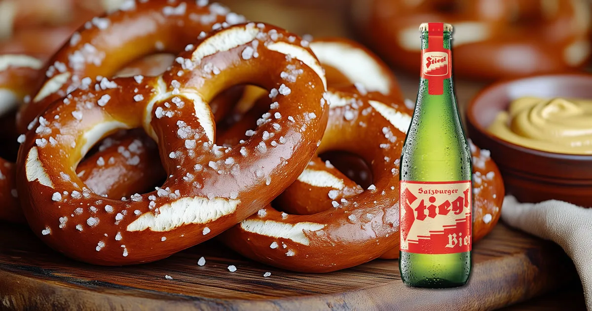 Cerveza Stiegl Goldbräu y Pretzels con Mostaza